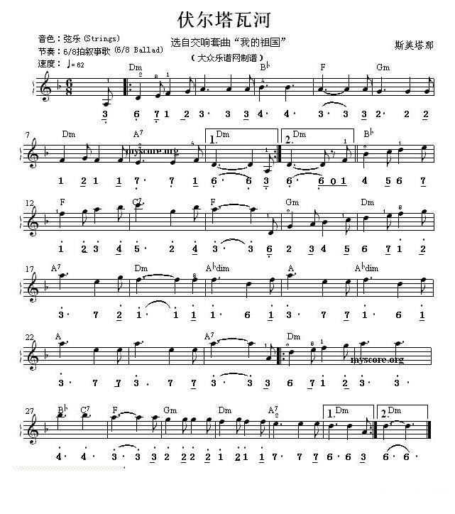 《伏尔塔瓦河》 电子琴曲谱，电子琴入门自学曲谱图