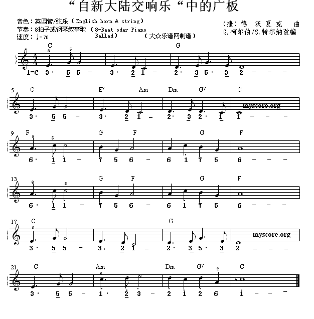 《“自新大陆交响乐”中的广板 》 电子琴曲谱，电子琴入门自学曲谱图