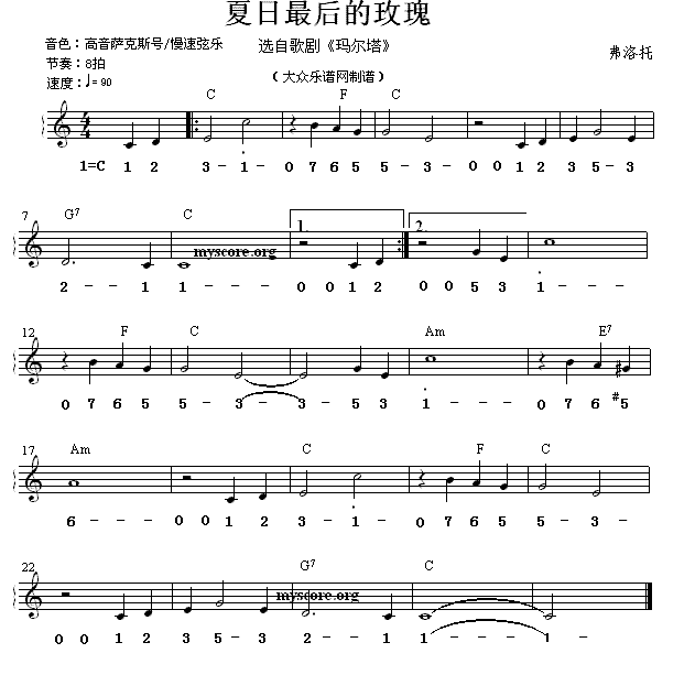 《夏日最后的玫瑰》 电子琴曲谱，电子琴入门自学曲谱图