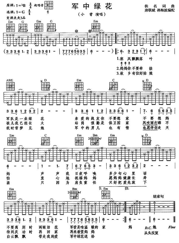 《军中绿花》 电子琴曲谱，电子琴入门自学曲谱图