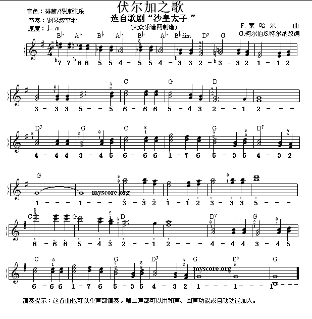 《伏尔加之歌》 电子琴曲谱，电子琴入门自学曲谱图