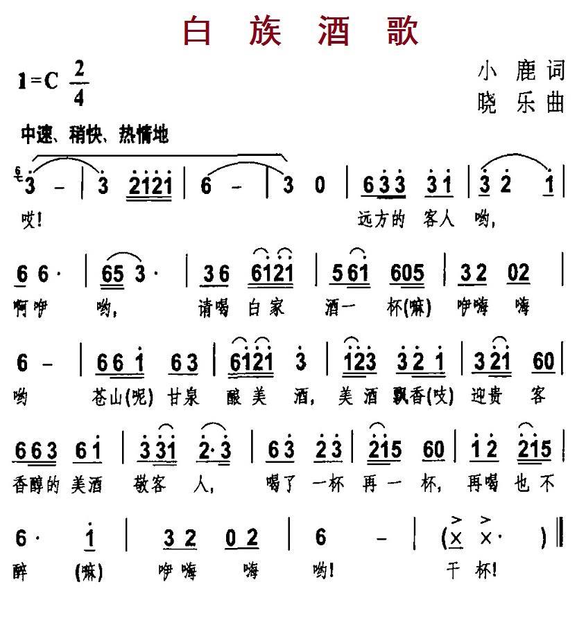 《白族酒歌》曲谱分享，民歌曲谱图