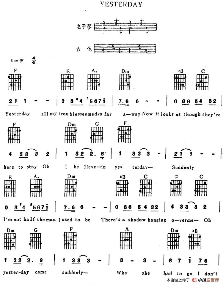 《YESTERDAY》 电子琴曲谱，电子琴入门自学曲谱图