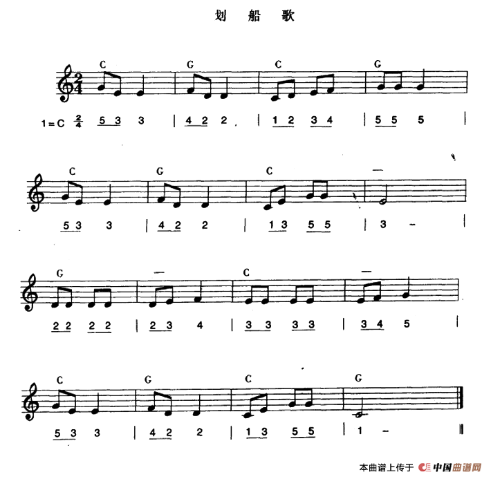 《划船歌》 电子琴曲谱，电子琴入门自学曲谱图