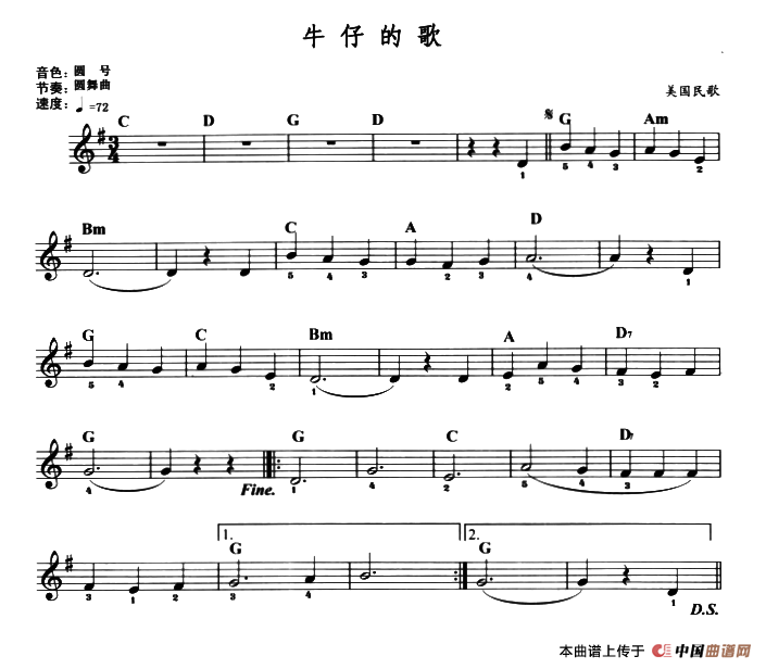 《牛仔的歌》 电子琴曲谱，电子琴入门自学曲谱图