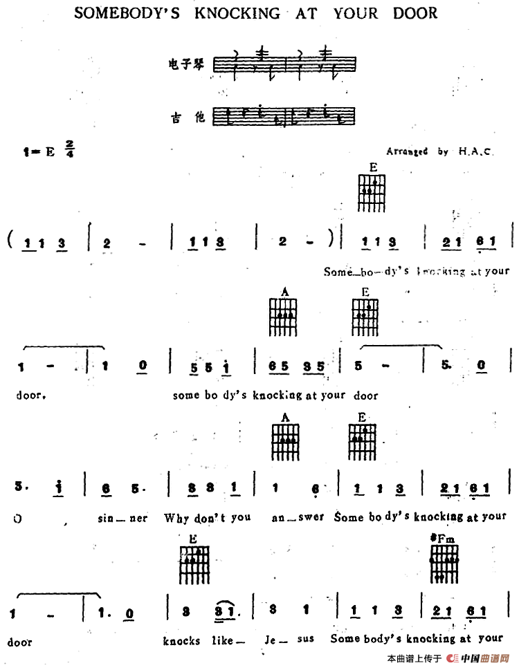 《SOMEBODY′S KNOCKING AT YOUR DOOR》 电子琴曲谱，电子琴入门自学曲谱图
