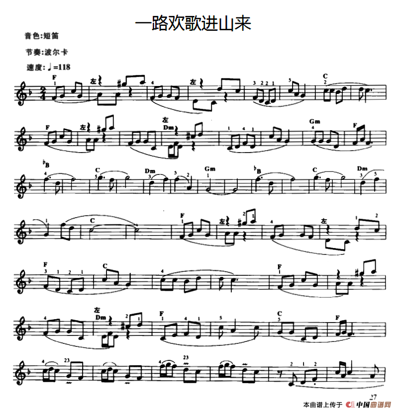 《一路欢歌进山来》 电子琴曲谱，电子琴入门自学曲谱图