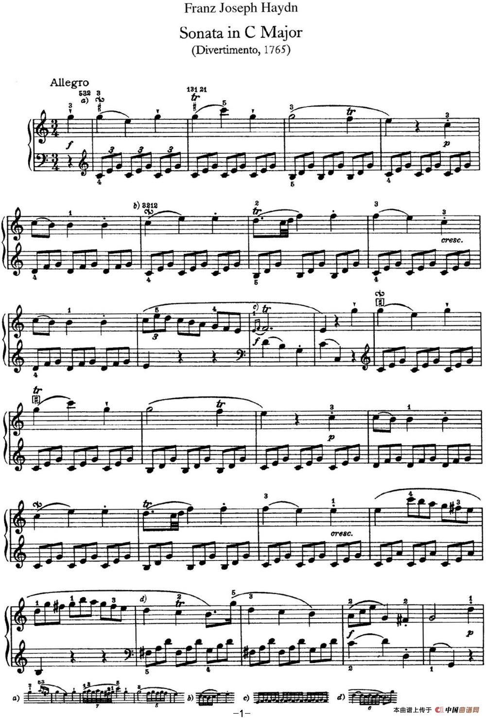 《海顿 钢琴奏鸣曲 Hob XVI 3 Divertimento C major》钢琴曲谱图分享