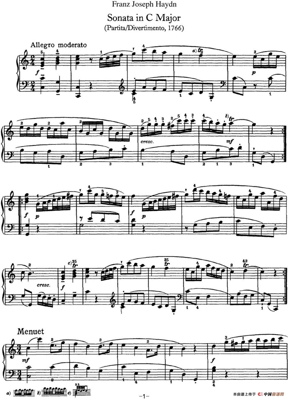 《海顿 钢琴奏鸣曲 Hob XVI 7 Divertimento C major》钢琴曲谱图分享
