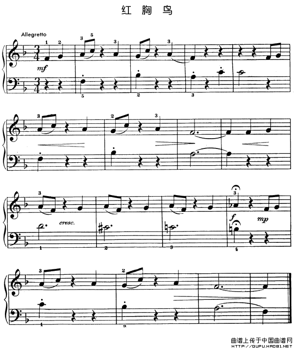 《红胸鸟》钢琴曲谱图分享