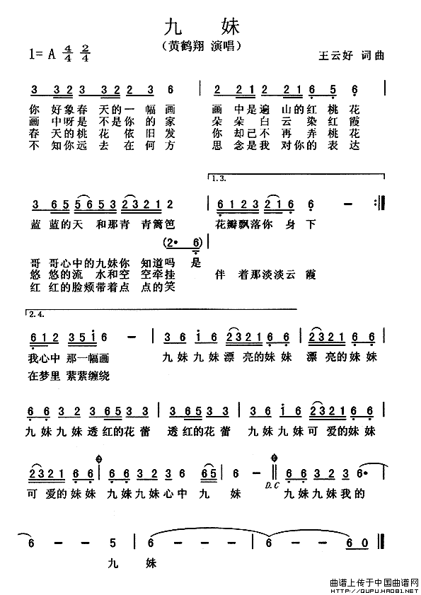 九妹（九妹10月25日曲谱分享）