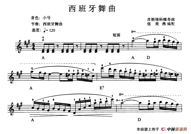 《西班牙舞曲》 电子琴曲谱，电子琴入门自学曲谱图