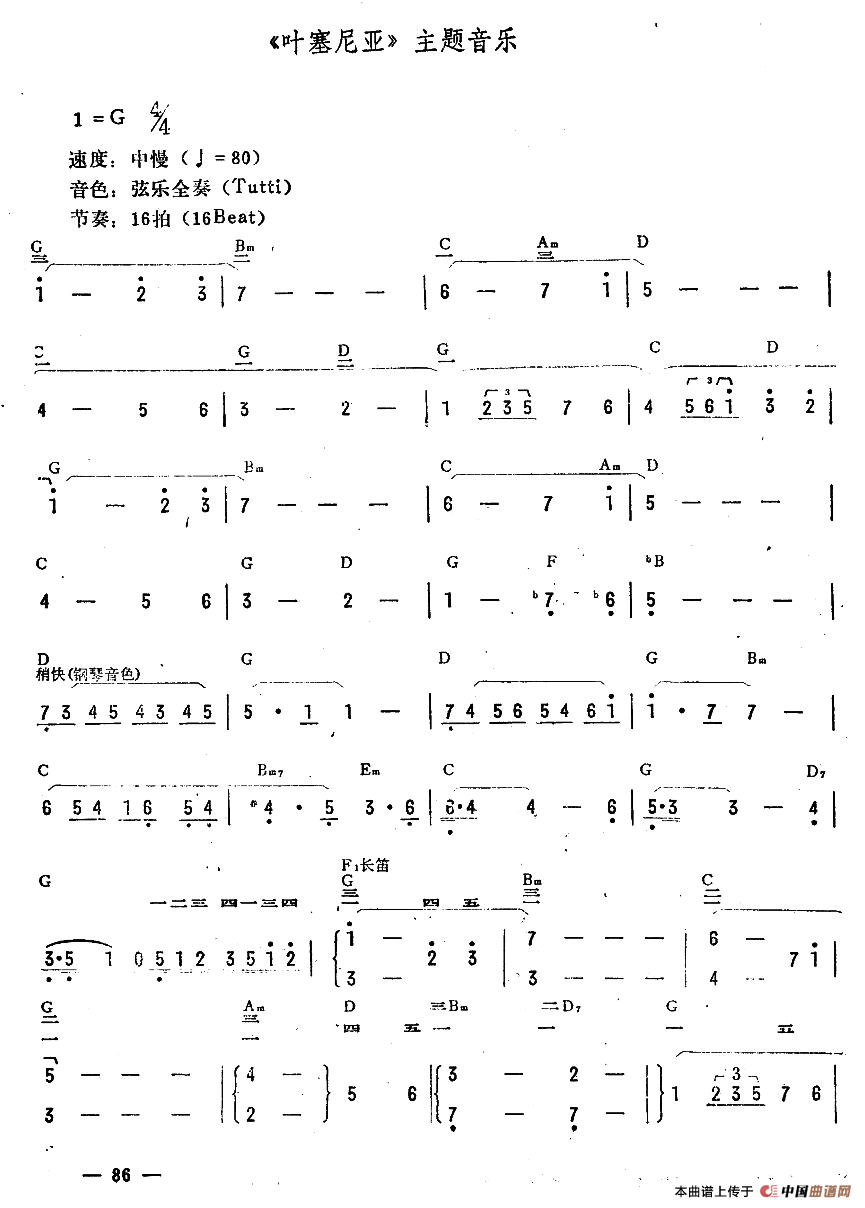 《《叶塞尼亚》主题音乐》 电子琴曲谱，电子琴入门自学曲谱图
