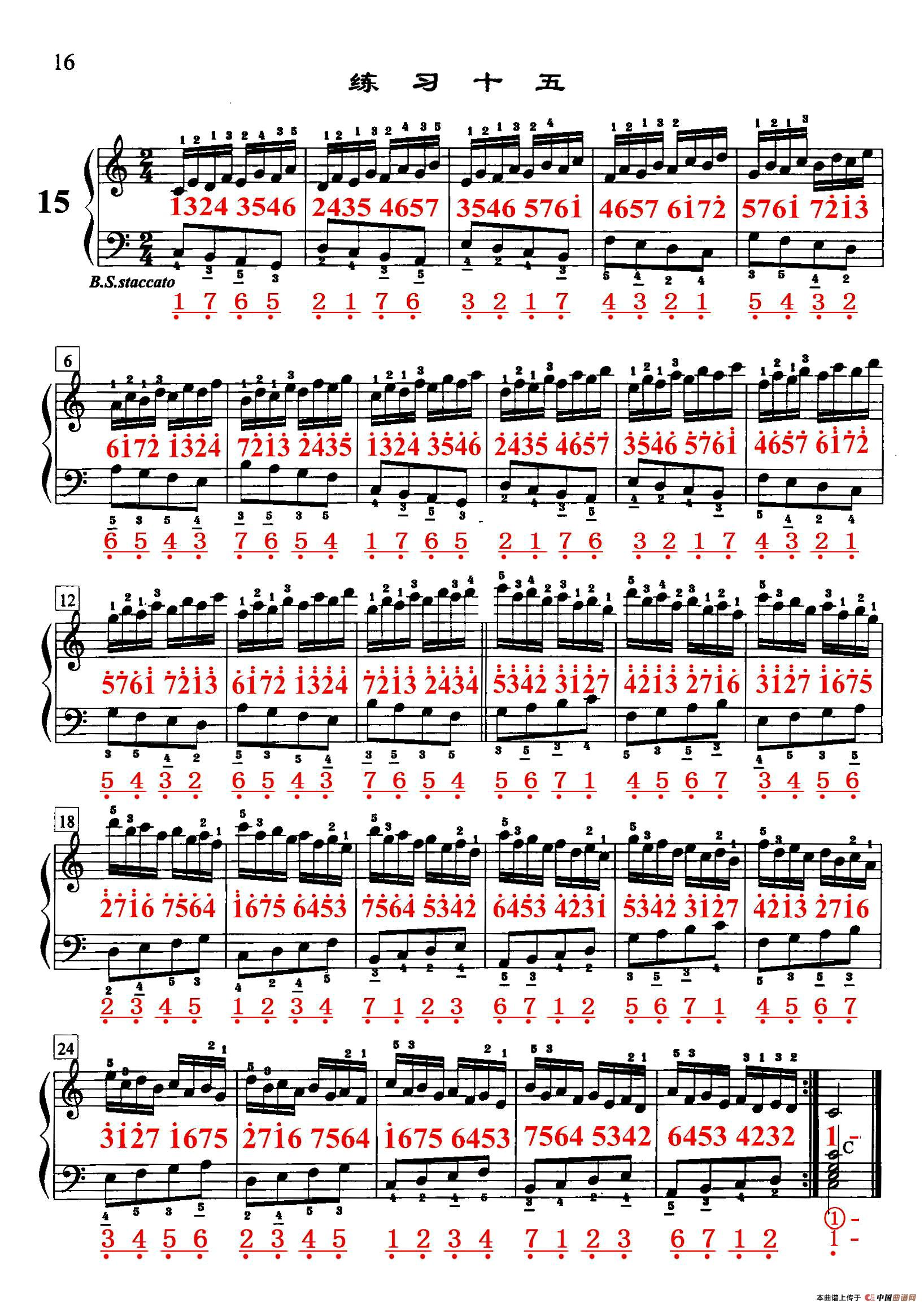 哈农手风琴手指练习之十五手风琴谱（线简谱对照、带指法版）