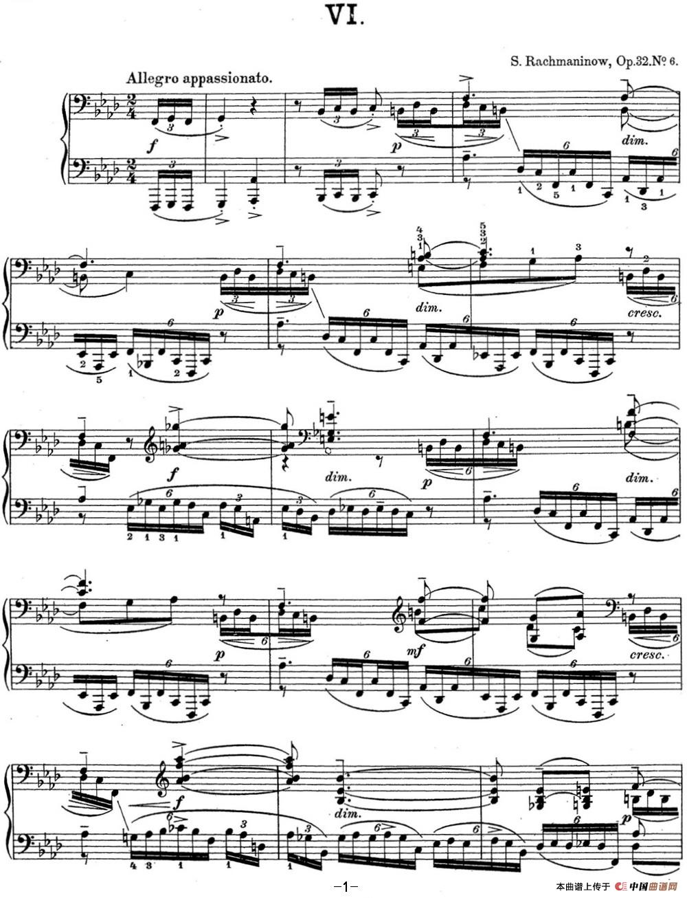 《拉赫玛尼诺夫 钢琴前奏曲17 F小调 Op.32 No.6》钢琴曲谱图分享