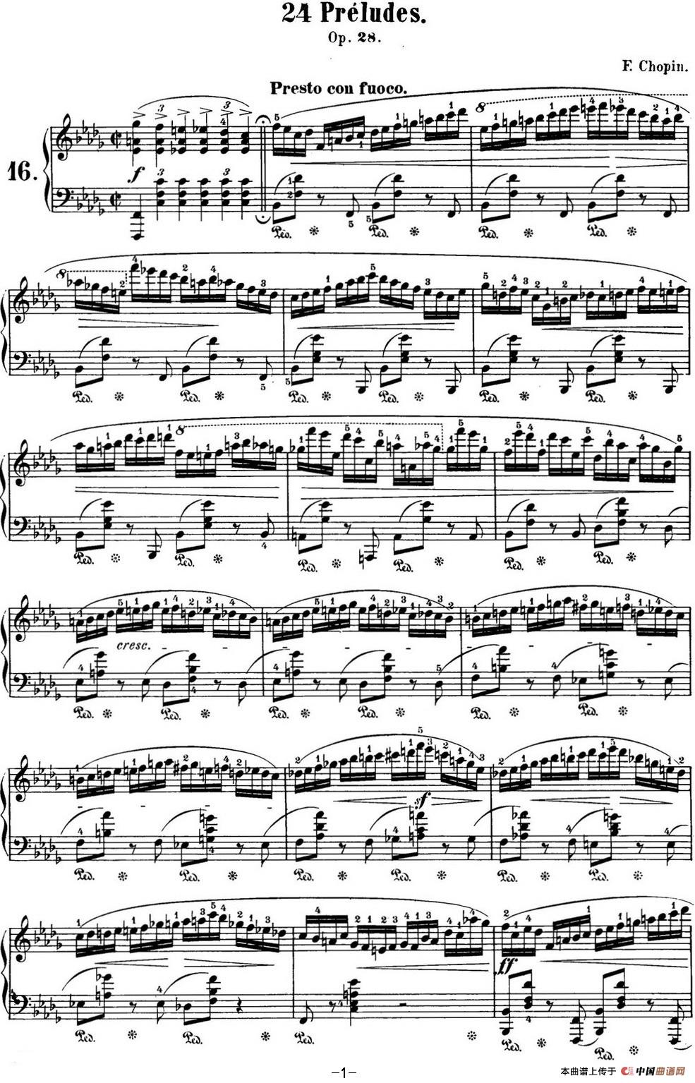 《肖邦 24首钢琴前奏曲 Op.28 No.16 降B小调》钢琴曲谱图分享