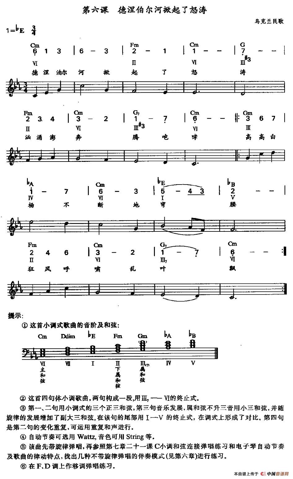 《德涅伯尔河掀起了怒涛》 电子琴曲谱，电子琴入门自学曲谱图